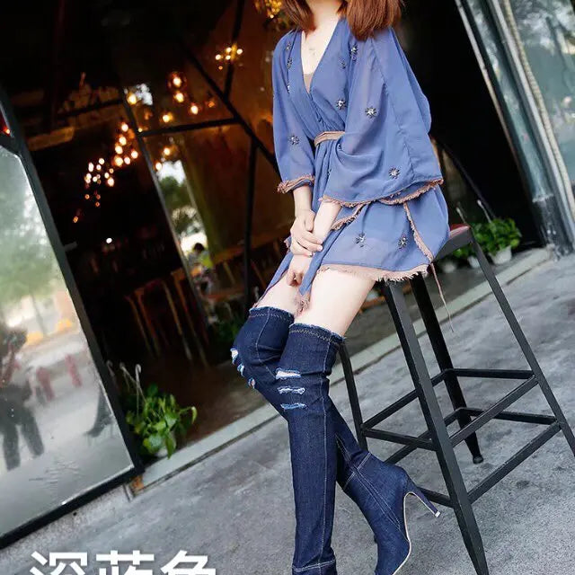 Women Boots Spring Thigh High Boots Denim Boots Women High Heels Women Shoes Peep Toe Tassel Jean Boot Ladies Shoes Boots dark blue