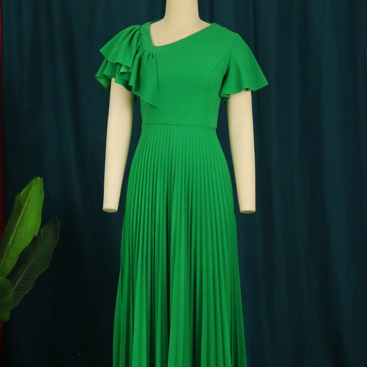 Women Pleated Midi Dresses Short Sleeve Ruffles Elegant Green Yellow A Line Spring Summer Chic Fashion Gown Party Birthday Robes