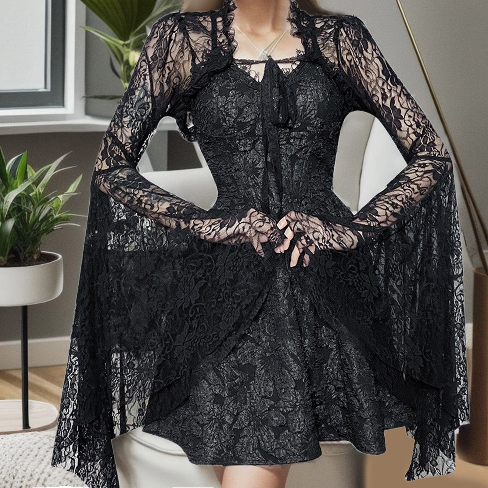 Gothic Black Lace Cardigan Women Halloween Mesh Flare Sleeve See Through Sexy Smock Top Elegant Aesthetic Cropped Tops Y2K - Basso & Brooke