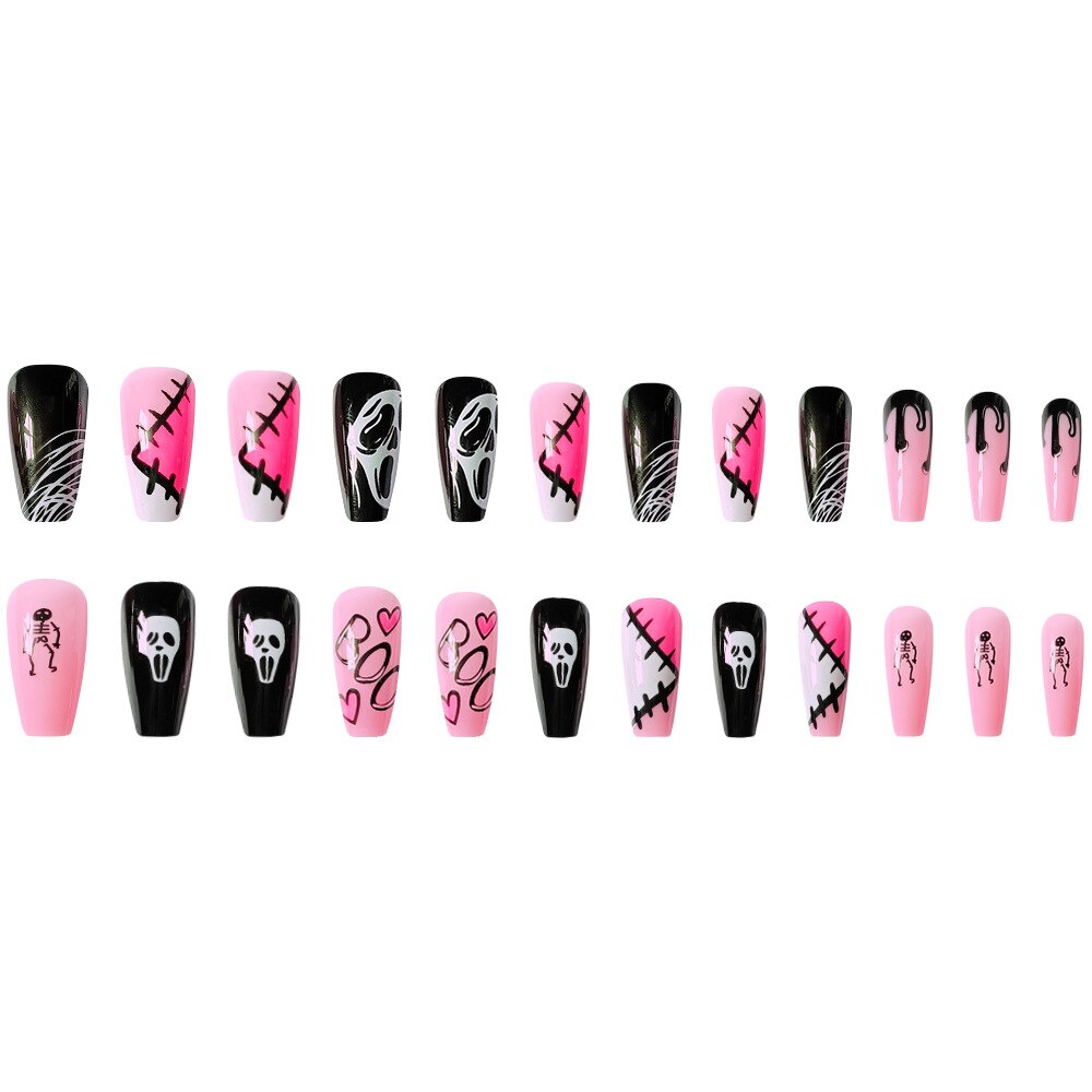 24Pcs/set Press On Nails Halloween Grimace Ballet Full Cover False Nails Diy Glue Press On Fear Nails French Manicure