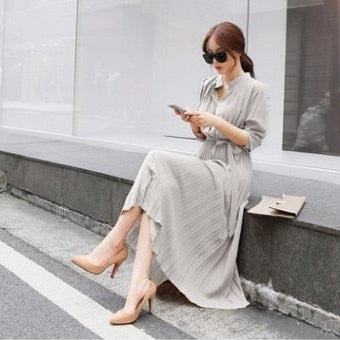 Elegant Chiffon Long Sleeve Shirt Dress Women Belt Lace Up A-line Pleated Maxi Dress Korean Fashion Fall Clothes Streetwear