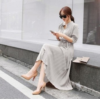 Elegant Chiffon Long Sleeve Shirt Dress Women Belt Lace Up A-line Pleated Maxi Dress Korean Fashion Fall Clothes Streetwear
