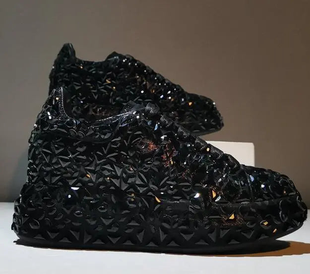 Autumn Spring Leather Women Shoes Fashion Platform Shoes Ins Platforms Sneakers Tide Shine Bling Rhinestone Shoes black