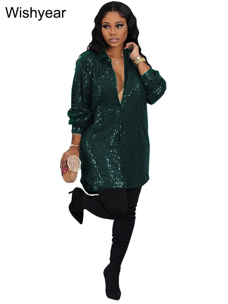 Elegant Evening Party Short Shirt Dress for Women Outfit Luxury Sequin Long Sleeve Spring Fall Birthday Club Dresses Vestidos Green