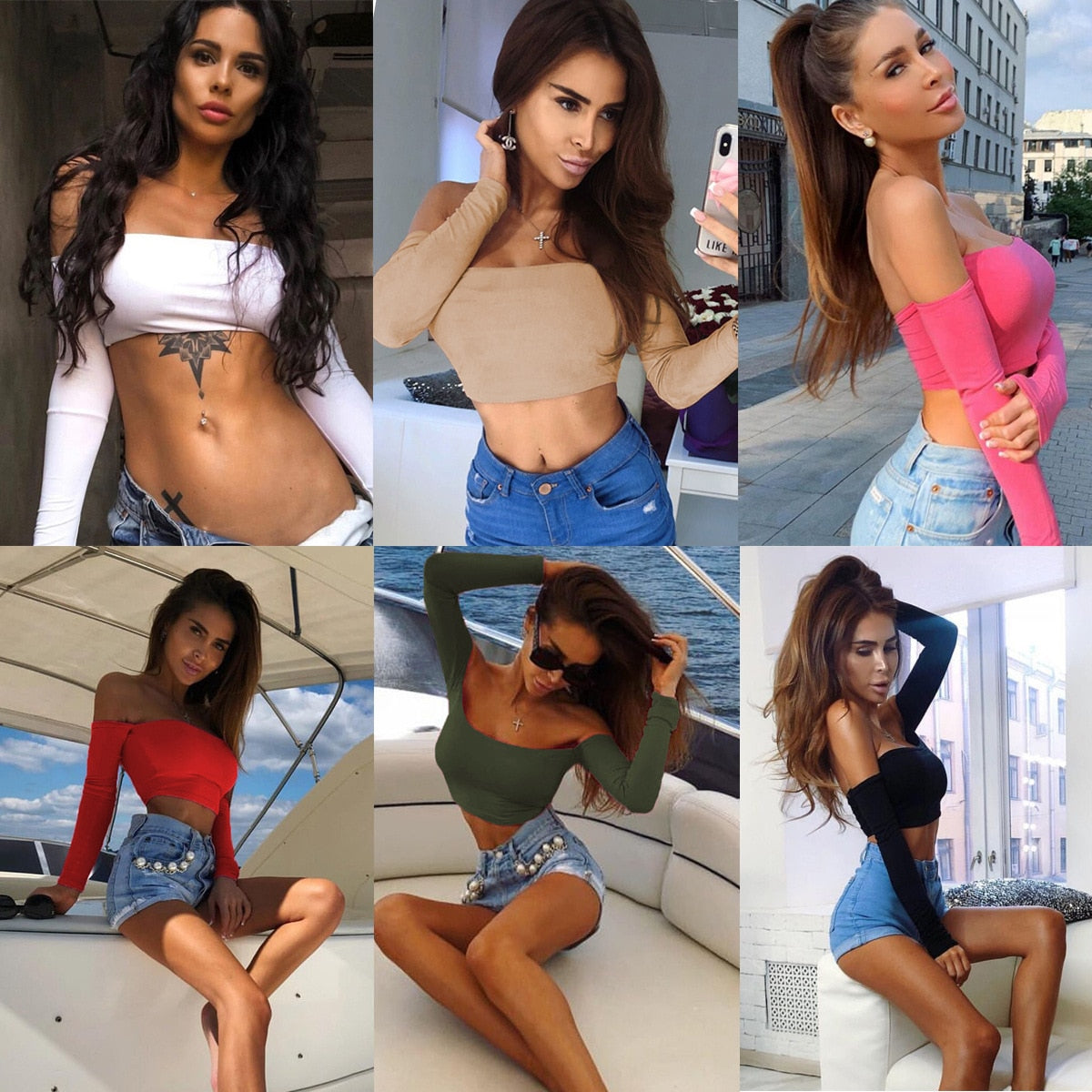 Slash Neck Crop Top Women Summer Casual T Shirt Basic Sexy Streetwear Long Sleeve Tops Autumn Solid Bodycon Fashion Tops 2023