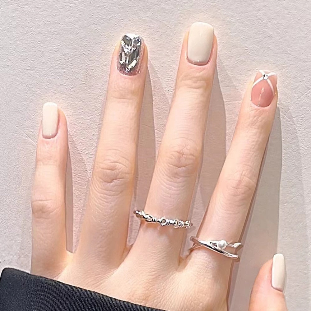 Gradient Fake Nails Press on Nail Diamond Cross Art Long Tips False Forms with Glue Stick Stickers Reusable Set DZ176