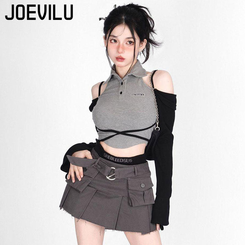 Gothic Skirt Set Polo Neck Waist Strap Off Shoulder Long Sleeve T-Shirt Pleated Denim Skirt 2 Piece Sets Women Outfits Y2k Suit