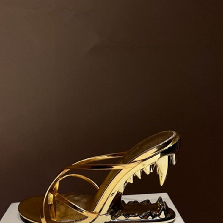 Fashion Metal Teeth Shaped Heel Sandals Round Toe Back Zipper Women's Dress Large Women's Sandals Summer