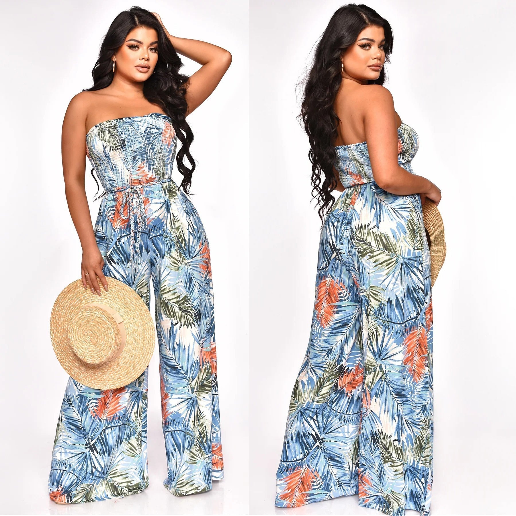 Sexy Tube Jumpsuits One Piece Rompers Women Summer Vacation Clothes Elegant Bodycon Wide Leg Pant Sleeveless Jumpsuit Blue