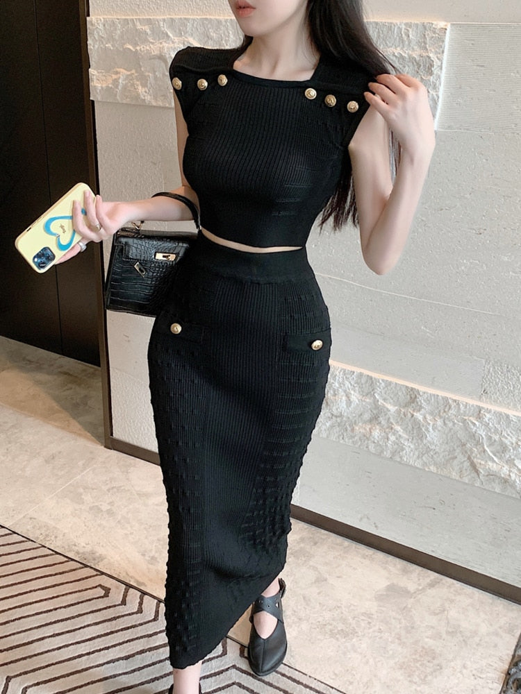 Knitted Two Piece Set For Women Sexy Crop Top + Bodycon Long Skirt Suits Beach Holiday Summer 2 Piece Sets Women Outfit Black One Size