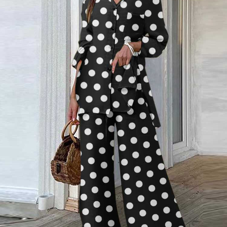 Fashion Women Leopard Print Pant Sets Casual Loose Tops and Pant Outfits Autumn Wide Leg Pant Leisure Two Piece Sets (Dot)Black