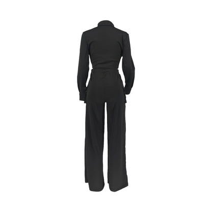 Autumn Winter Casual Solid Color Long Sleeve Shirt Pants Tooling Multiple Pockets Wide Leg  High wWaisted Knit Women Set