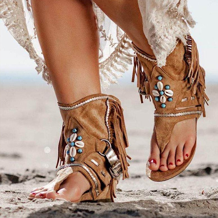 Retro Women Fringe Flower Wedges Shoes Solid Flock Beach Casual Sandals Women Summer Flip Flop Sandals