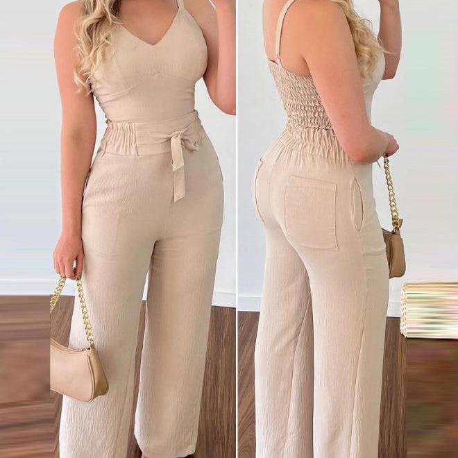 Woman Long Jumpsuits Elegant Sexy V-Neck Shirred Cami Top &amp; High Waist Pants Set New Fashion Casual One Pieces A