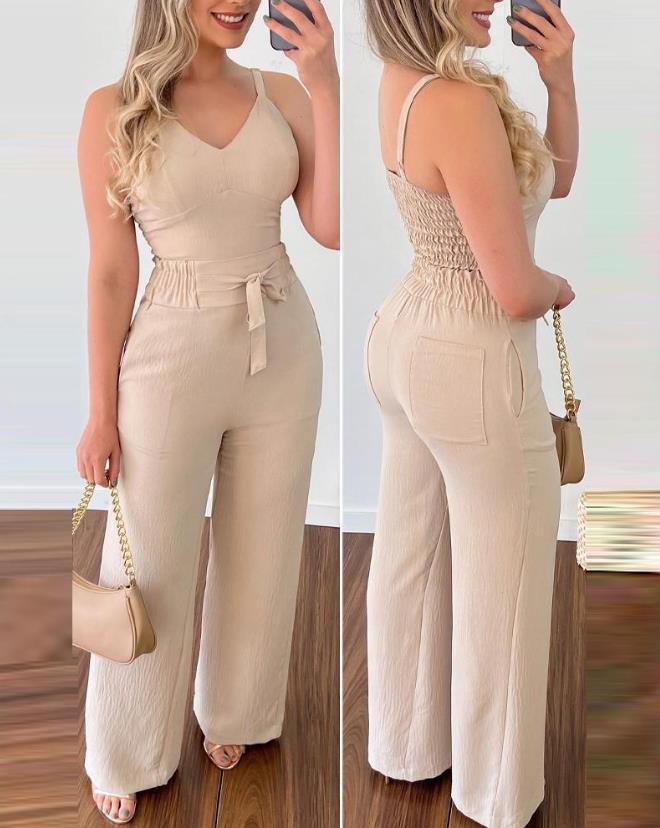 Woman Long Jumpsuits Elegant Sexy V-Neck Shirred Cami Top &amp; High Waist Pants Set New Fashion Casual One Pieces A