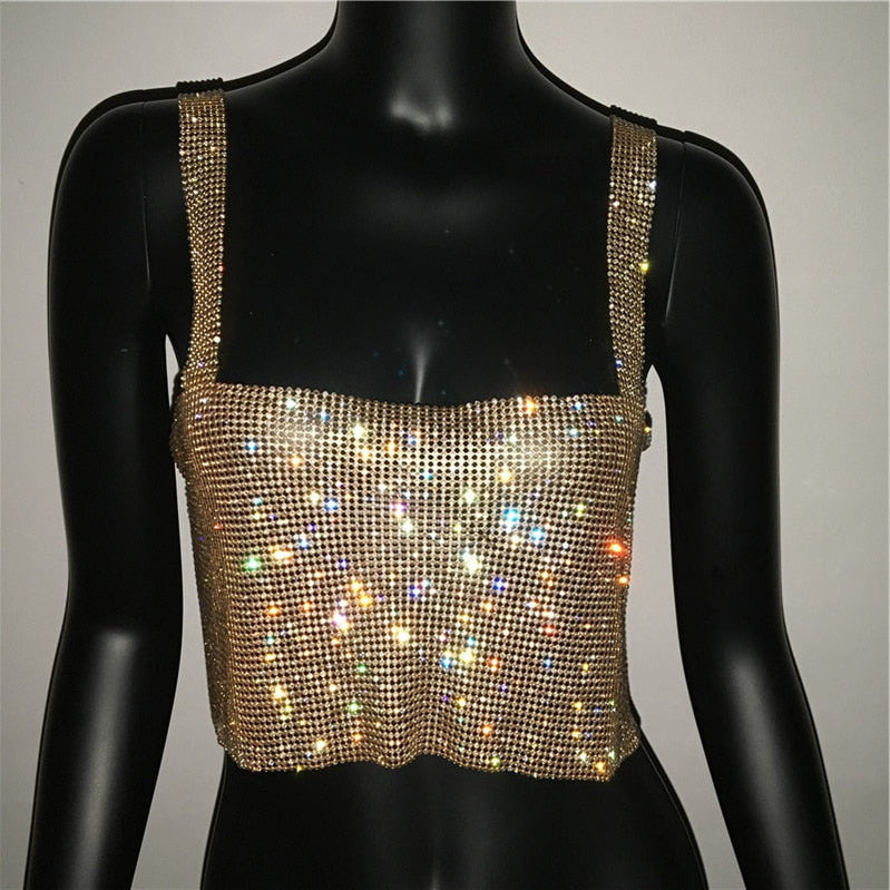 Black White Gold Summer Women Rhinestone Tank Top Sexy Girl Nightclub Trend Sling Shiny Diamond Bikini Crop Top Gold-23CM One Size