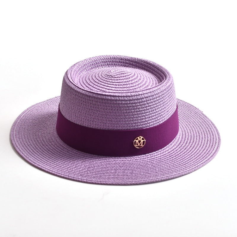 New Summer Straw Sun Hats for Women Ladies Fashion Flat Brim Ribbon Beach Hat Travel Dress Cap chapeau femme light purple 56-58CM