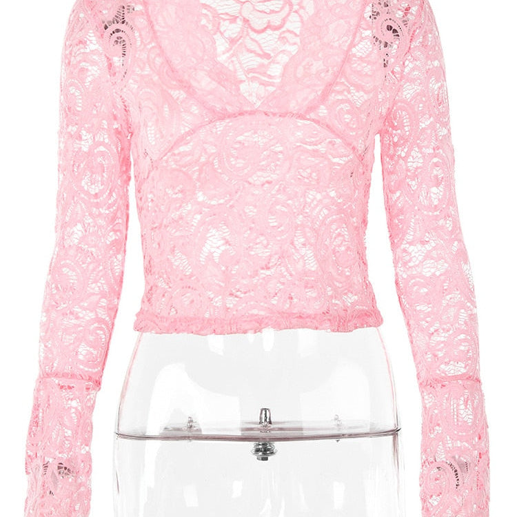 JULISSA MO See Through V-neck Long Sleeve Lace Skinny Tops Outfits Women Summer Party Club T-Shirts Tees Club Party Clothes