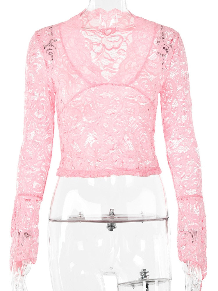 JULISSA MO See Through V-neck Long Sleeve Lace Skinny Tops Outfits Women Summer Party Club T-Shirts Tees Club Party Clothes