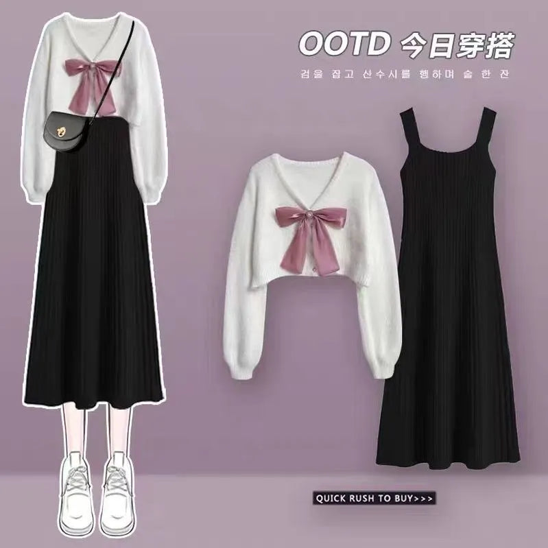 Autumn Winter Fashion Short Knitting Sweater+suspender Dress Two-piece Korean Elegant Bow Cardigan Sexy Fishtail Skirt Set Set 02