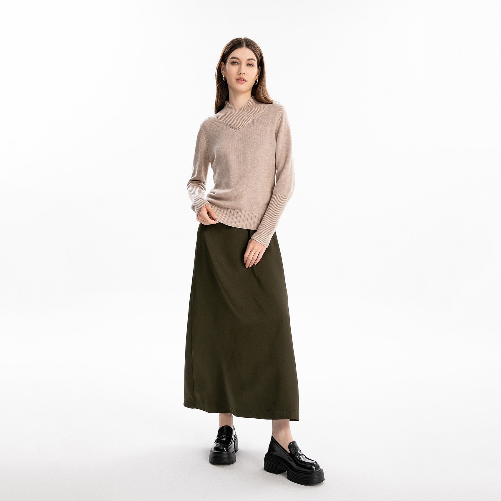 AP V Neck Satin Maxi Dress Rib Modal Mock Neck Fall Women Dress Three Colors