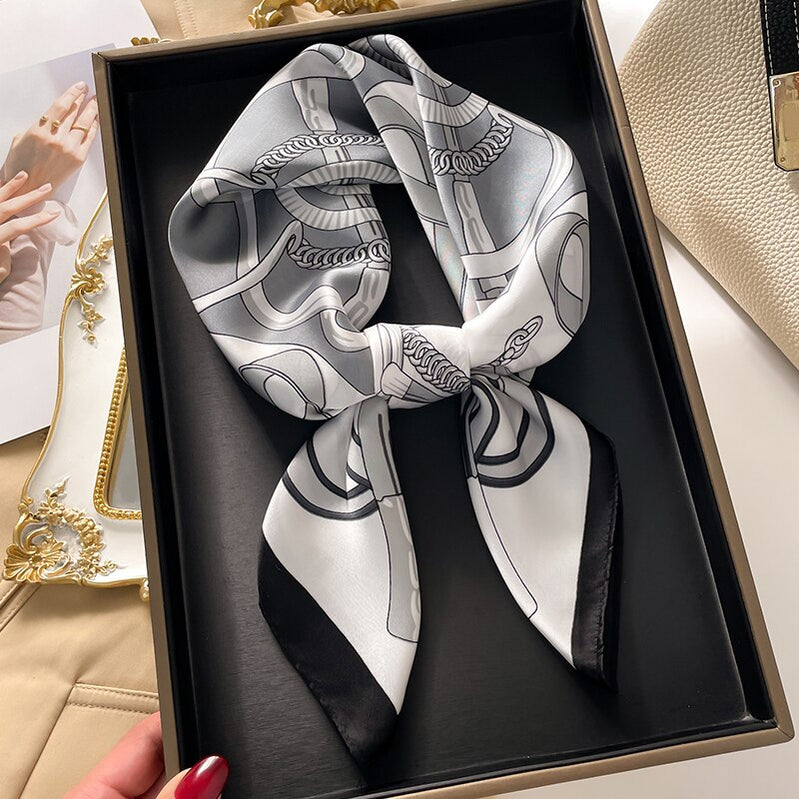 Fashion Hair Scarf for Women Decor Headband Ribbon Satin Silk Square Scarves Lady Wrist Wrap Shawls Design Bandana Foulard FJ726-1