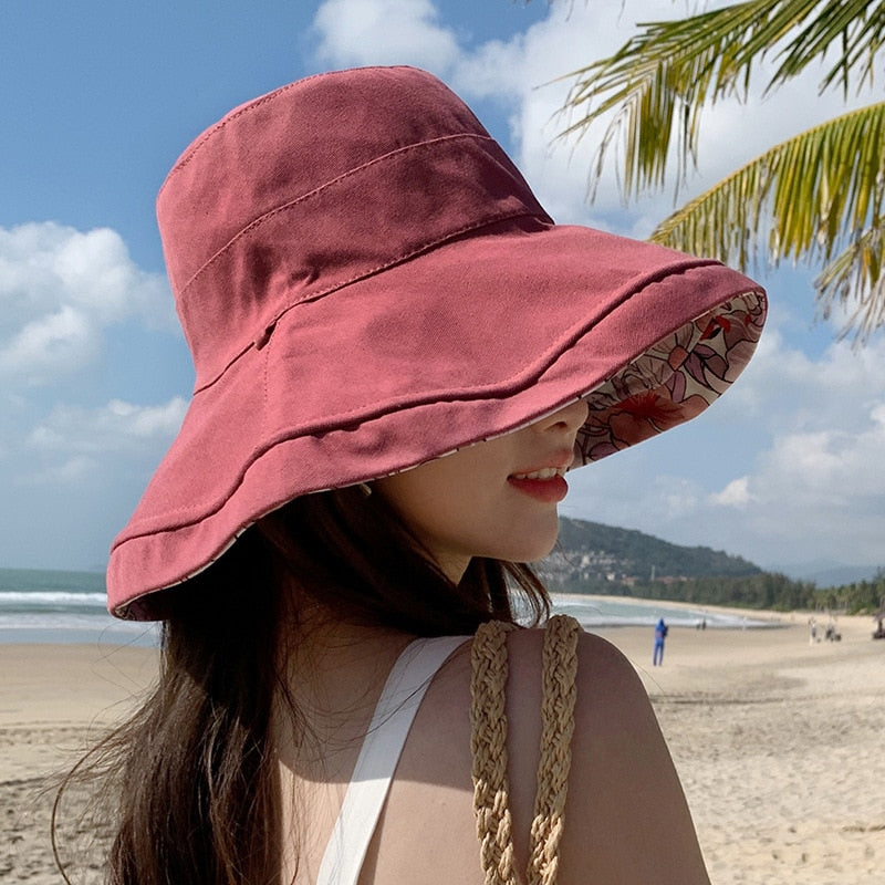 Spring Summer Print Reversible Sun Beach Hat Woman Girl Outdoor Travel Vacation Fisherman Cap Wide Brim 12.5cm Visor Hat A Wine Red Head Girth 56-58cm