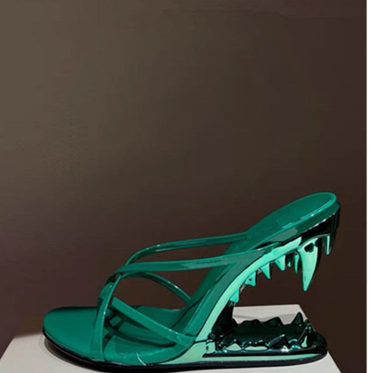 Fashion Metal Teeth Shaped Heel Sandals Round Toe Back Zipper Women's Dress Large Women's Sandals Summer green 2