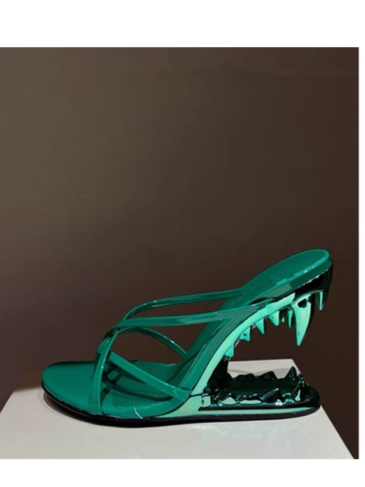 Fashion Metal Teeth Shaped Heel Sandals Round Toe Back Zipper Women's Dress Large Women's Sandals Summer green 2