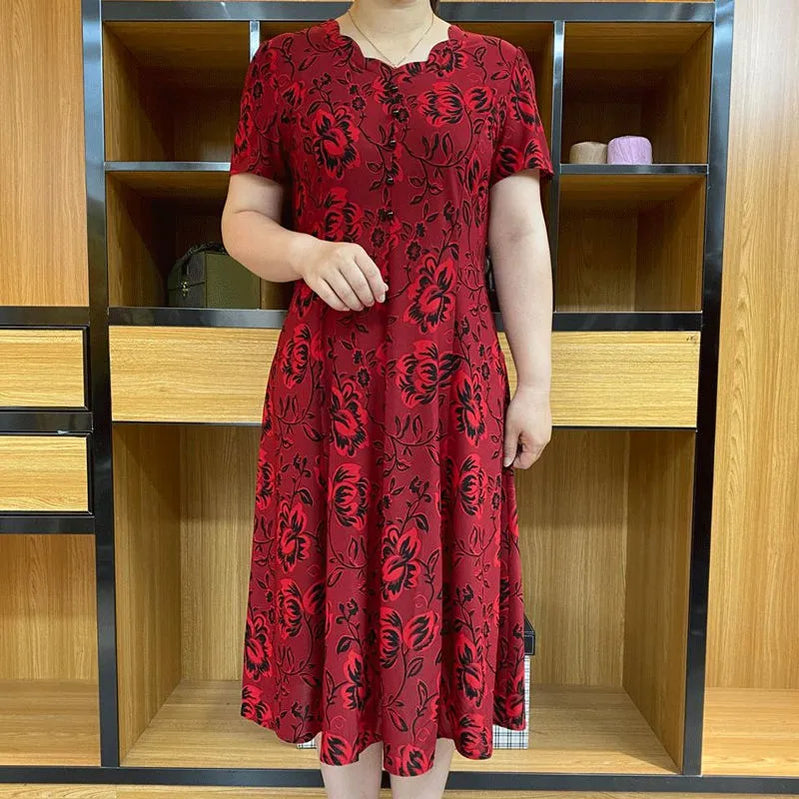 Vacation New Jacquard Summer Fashion Female Clothing V-Neck Splicing Floral Printing Short Sleeve Middle Length Dresses Red