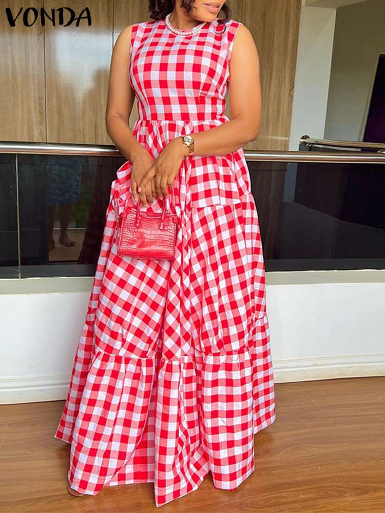 Summer Long Maxi Dress Women Casual Short Sleeve Square Collar Vintage Plaid Party Bohemian Vestidos Loose Sundress C-Red Spain