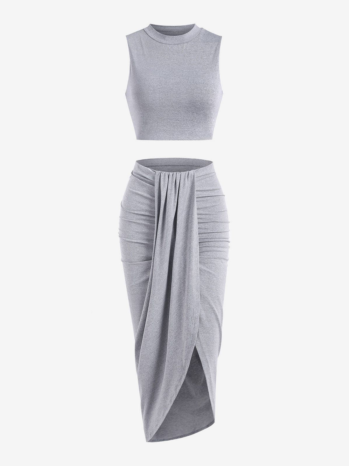 Women’s 2 Pieces Dress Set Sexy Sleeveless Crop Tank Side Slit Twist Skirt Bodycon Maxi Dresses Summer Gray