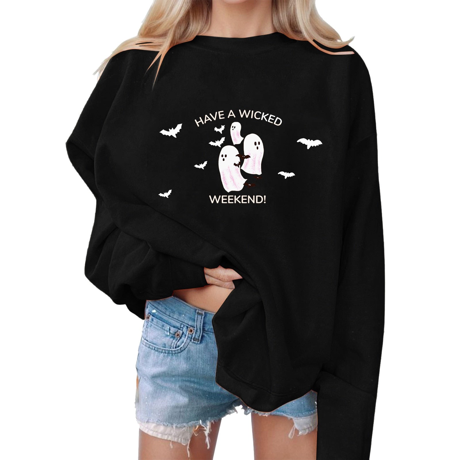 Monsters Printing Sweatshirt Halloween Sweatshirts Grimace Sweater Round Neck Women Sweatshirts Long Sleeve Vacation Sudadera Black
