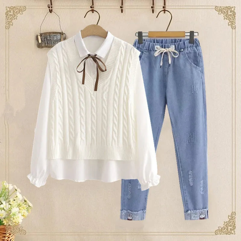 Women's Korean Preppy Style Student 3 Piece Clothing Set Spring Fall Girls Casual Bow Shirt Knit Vest Denim Pants Outfits White 3PCS Set