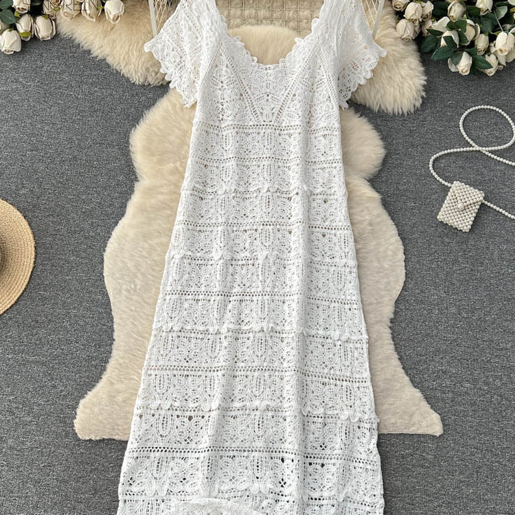 Loose Knit Long Dress Women V Neck Solid Hollow Out Design Retro Fashion Ladies Y2K Casual Summer Beach Dresses white One Size