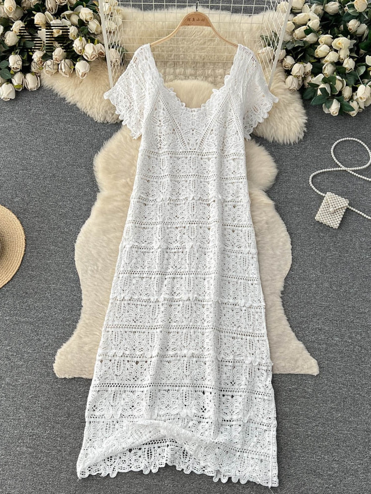 Loose Knit Long Dress Women V Neck Solid Hollow Out Design Retro Fashion Ladies Y2K Casual Summer Beach Dresses white One Size