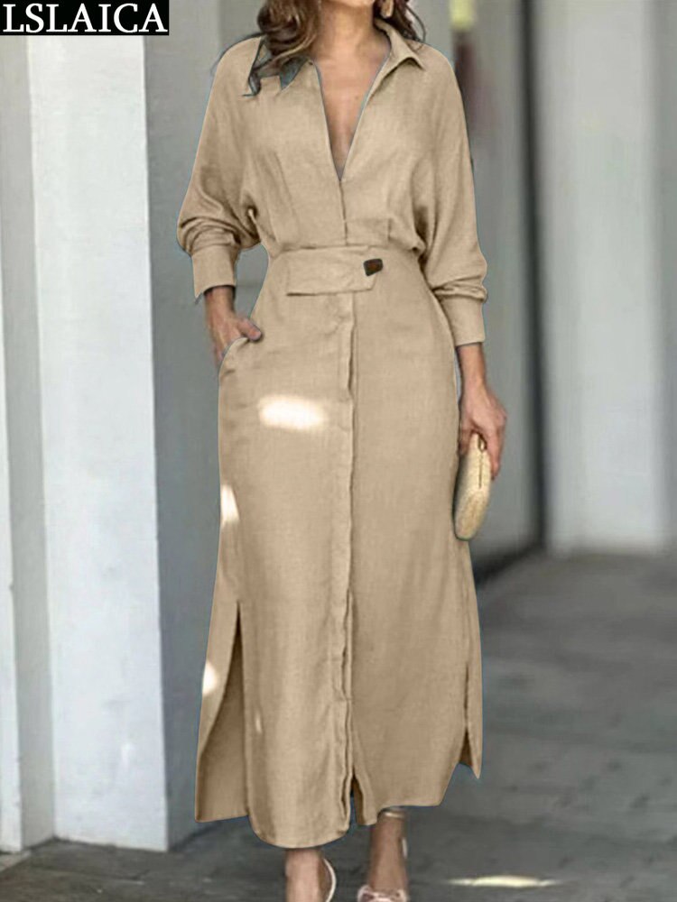 Fashion Dress for Women Luxury Elegant Solid Color Evening Dresses Party Slip Pockets Chic Promotion Long Sleeve Clothes