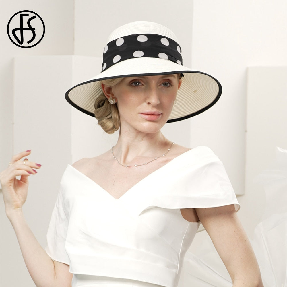 FS White Straw Hats For Women Romantic Simple Polka Dots Sun Visor Cap Ladies Wedding Church Formal Dress Fedoras Summer
