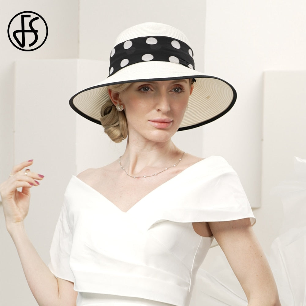 FS 2023 White Straw Hats For Women Romantic Simple Polka Dots Sun Visor Cap Ladies Wedding Church Formal Dress Fedoras Summer