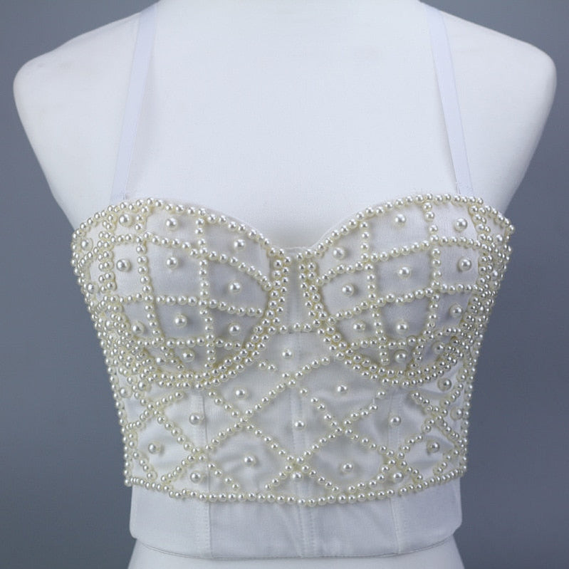 Women Tank Tops Luxury Sequined Rhinestone Pearl Wedding Push Up Bra Woman Clothes Camis Stage Ladies Crop Top Corset y2k Blusas