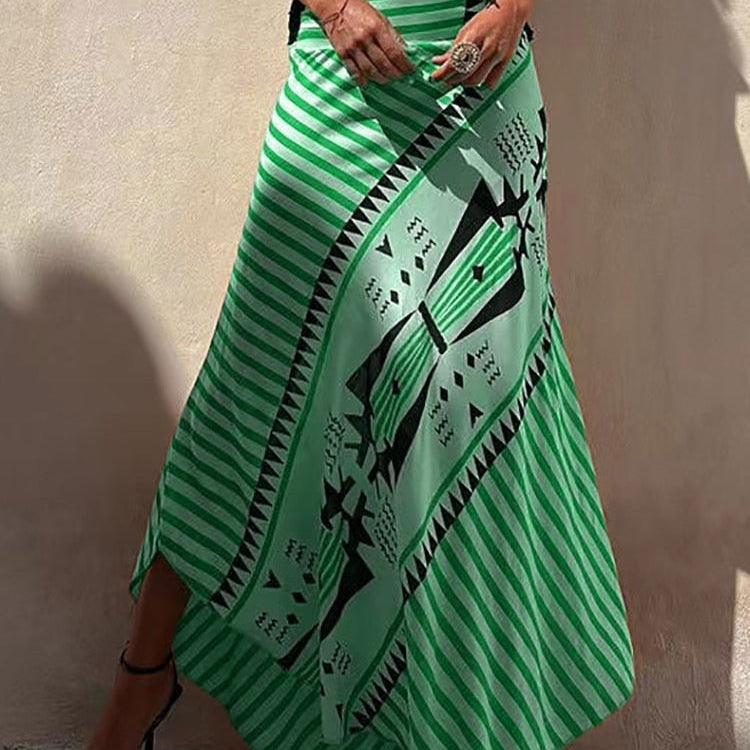 Boho Retro Patchwork Print Skirt Women Summer High Waist A-Line Elastic Long Skirts Casual Holiday Beach Skirt