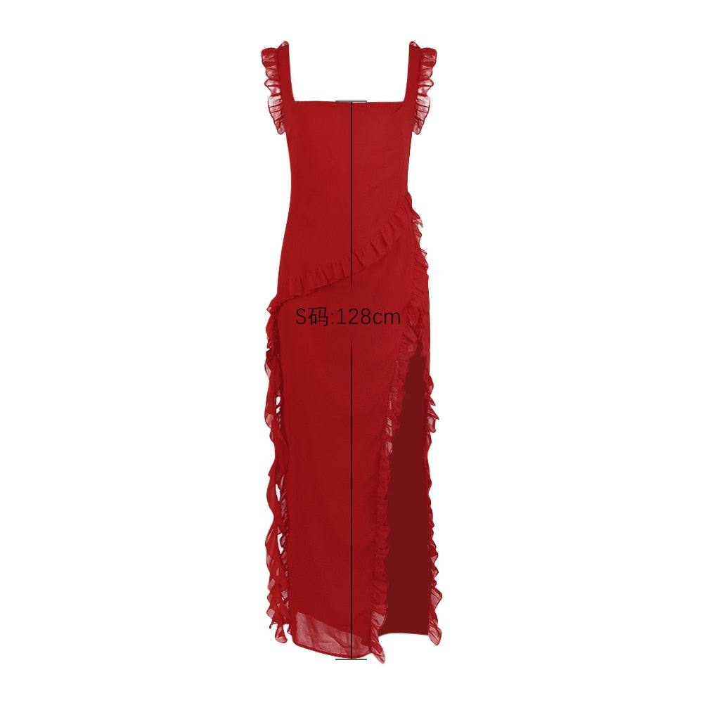 Sexy Slit Long Dress Red Chiffon Skirt Summer Sleeveless Falbala Dresses for Women Traf Formal Occasion Dresses Vestido