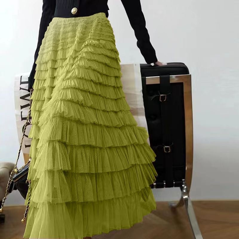 Summer Long Skirt Layered Ruffles Design Elegant Maxi Dress Office Women Commuting Party Attire Autumn Elegant Skirt Short Light green