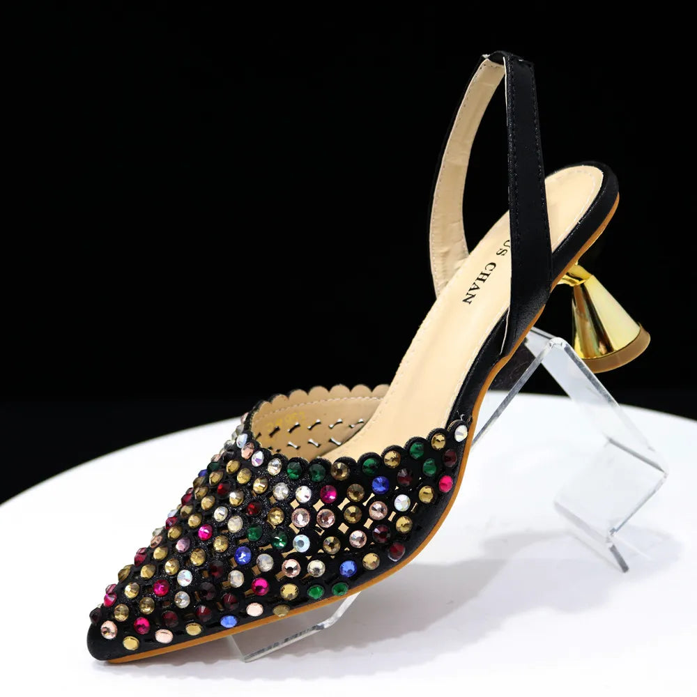 Venus Chan High Heels for Lady Luxury Designer Green Color Full Diamond Pointed Toe Wedding Shoe and Bag Set for Party Only shoes Black