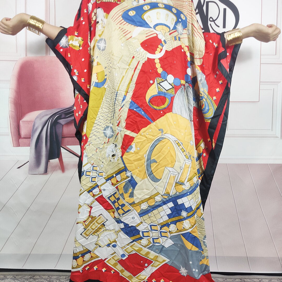 Kuwait Fashion - 2023 Summer Boho Loose Silk Kaftan Maxi Dress Oversized African Muslim Lady Abaya color4 One Size