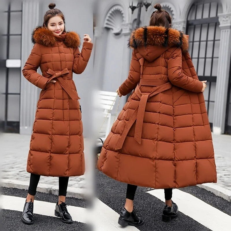 Winter jacket women's warm fashion bow belt fox fur collar coat long dress women's thick coat