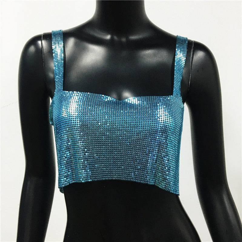 Sexy Metal Sequin Tank Top For Women y2k Summer Beach Backless Crop Top Rave Festival Club Outfits Camisole Blue One Size
