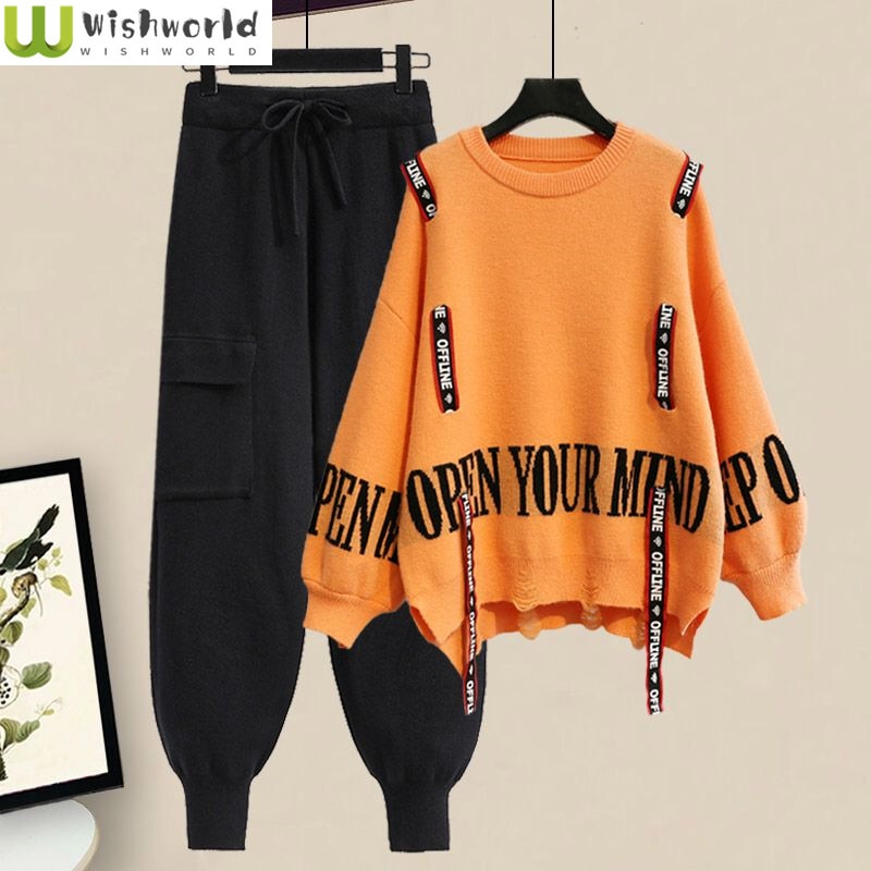 Winter New Ribbon Knitting Sweater Pullover Casual Overalls Two-piece Elegant Women's Pants Set Tracksuit Fall Outfits Women