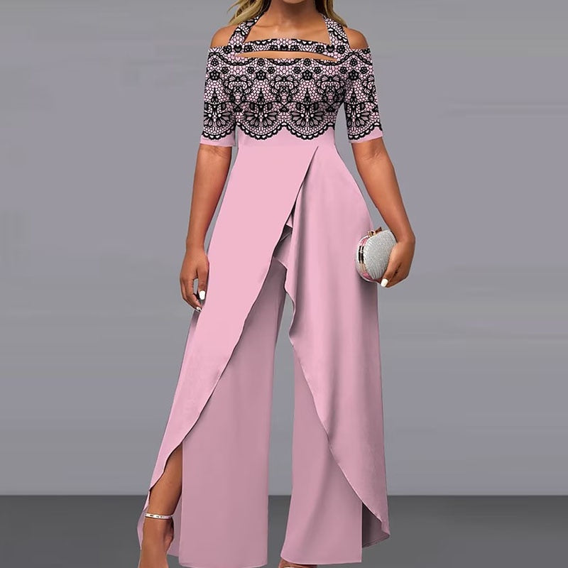 Elegant Pattern Print Short Sleeve Long Jumpsuit Women Chic Backless Lace-up Irregular Overall Fashion Female Split Romper