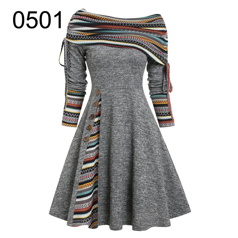 Convertible Cinched Striped Flare Dress Foldover Off The Shoulder Knitted Dresses Women Long Sleeve Jurken Dark Gray0501